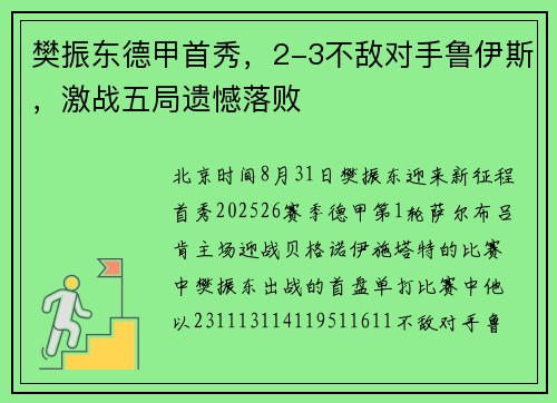 樊振东德甲首秀，2-3不敌对手鲁伊斯，激战五局遗憾落败